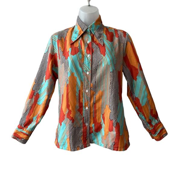 VINTAGE 70s Marc Frederic Beverly Hill Paris Abstract Print Qiana Blouse Size 40 - Picture 1 of 5